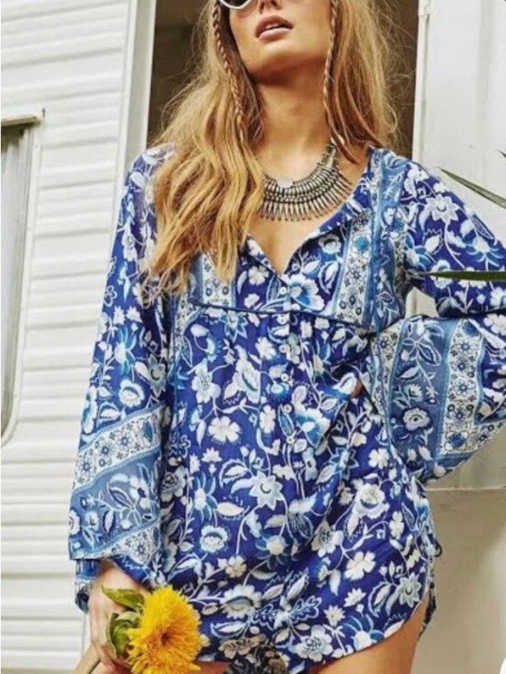 Spell Blue Floral Button-Front Boho Romper